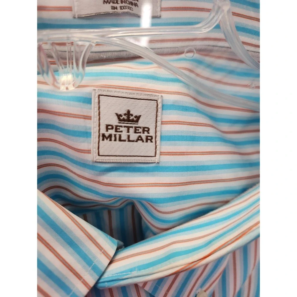 Peter Millar Men's Aqua White Pink Stripe Cotton Casual Dress Preppy‎ Shirt XXL